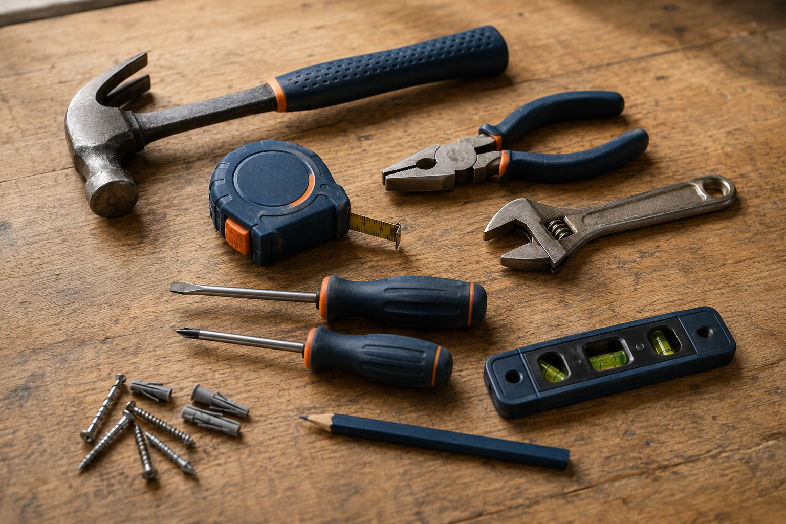 Hand tools neatly arranged on a workbench
